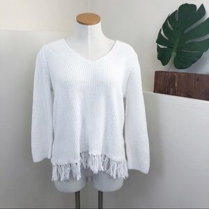 LOFT Size L White Fringed Sweater